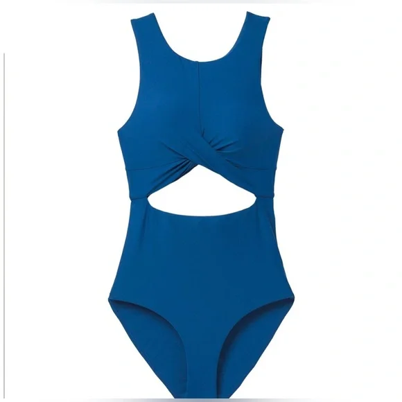 NWOT prAna Corinne One Piece Swimsuit Indigo Blue Size Medium Cut Out High Neck - Picture 4 of 9